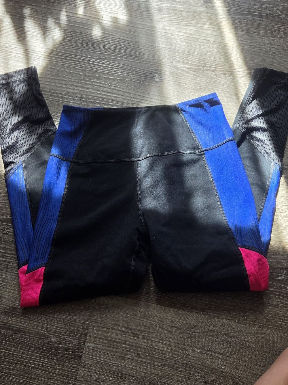 Womens Black Leggings with Blue and Pink Accent Panels
